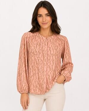 Elizabeth and James Blouse XS Peach Tan Abstract Print Long Sleeve Designer Top